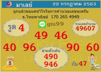 แนวทางหวยมาเลย์ 22/7/63 ชุดที่8