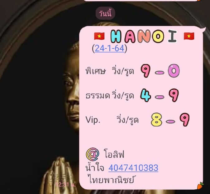 หวยฮานอยวันนี้ 24/1/64 ชุดที่12