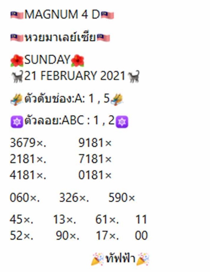หวยมาเลย์วันนี้ 21/2/64 ชุดที่2
