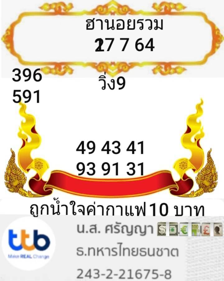 แนวทางหวยฮานอย 27/7/64 ชุดที่4