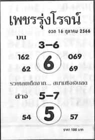 หวยเพชรรุ่งโรจน์ 16/10/66