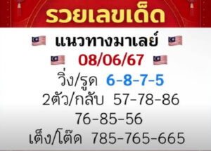แนวทางหวยมาเลย์ 8/6/67 ชุดที่ 7