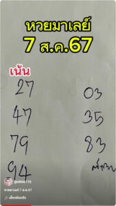 แนวทางหวยมาเลย์ 7/8/67 ชุดที่ 2