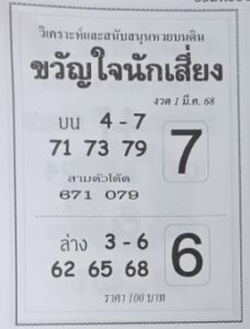 หวยขวัญใจนักเสี่ยง 1/3/68