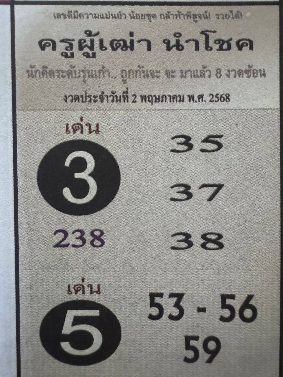 หวยครูผู้เฒ่านำโชค 2/5/68