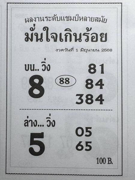   หวยมั่นใจเกินร้อย 1/6/68