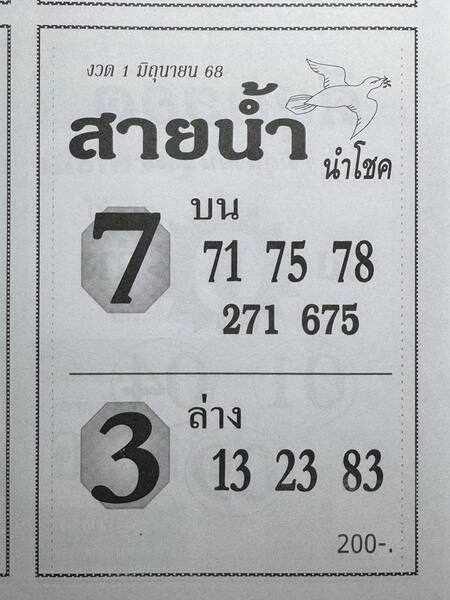 หวยสายน้ำ นำโชค 1/6/68