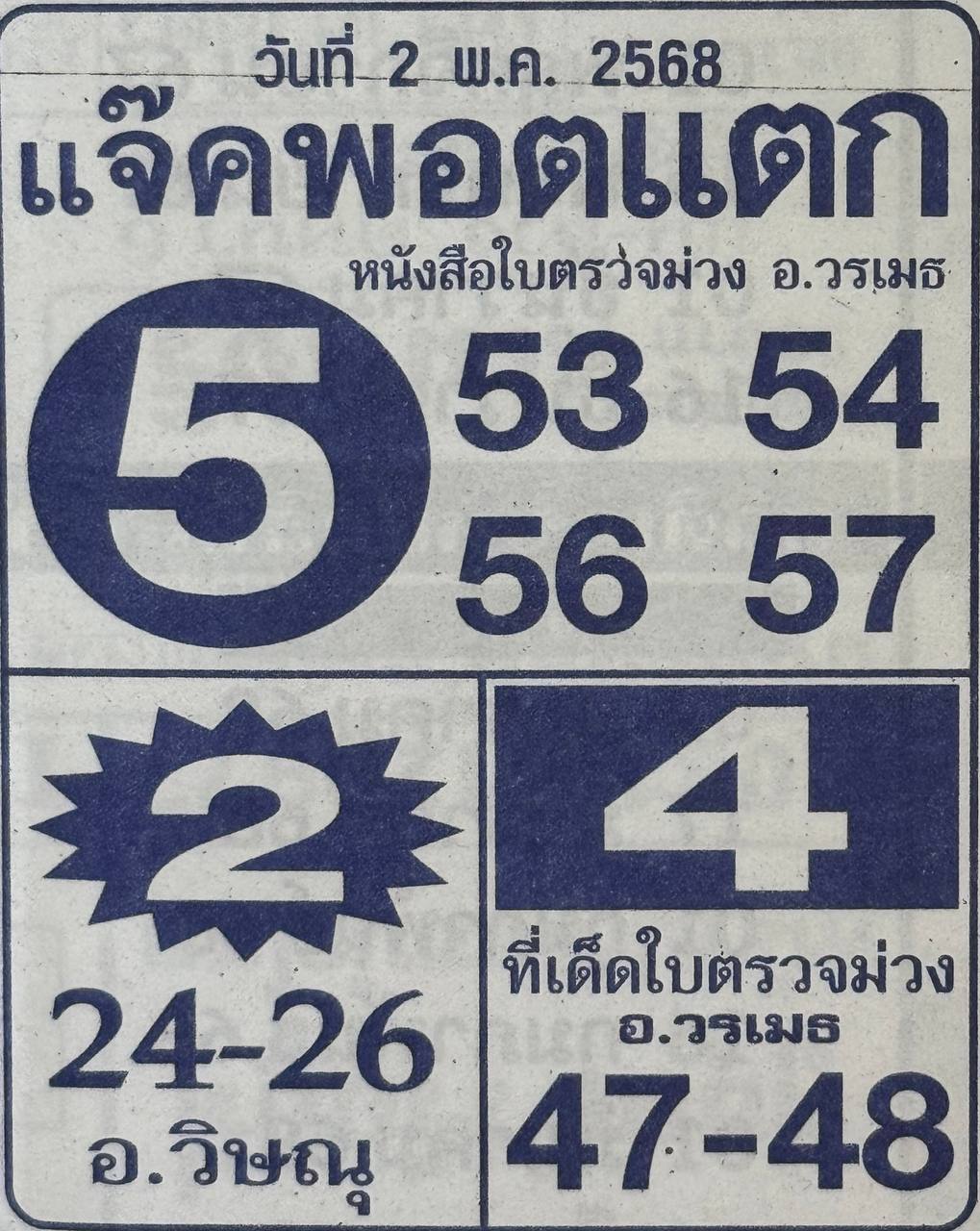 หวยแจ๊คพอตแตก 2/5/68
