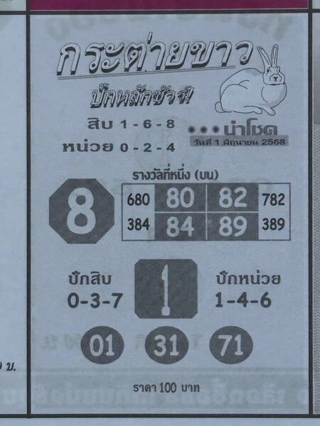 หวยกระต่ายขาว 1/6/68