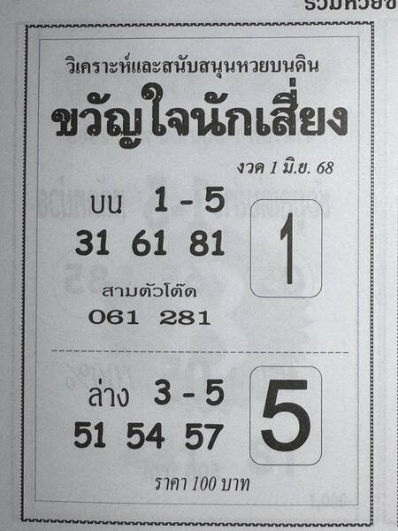 หวยขวัญใจนักเสี่ยง 1/6/68