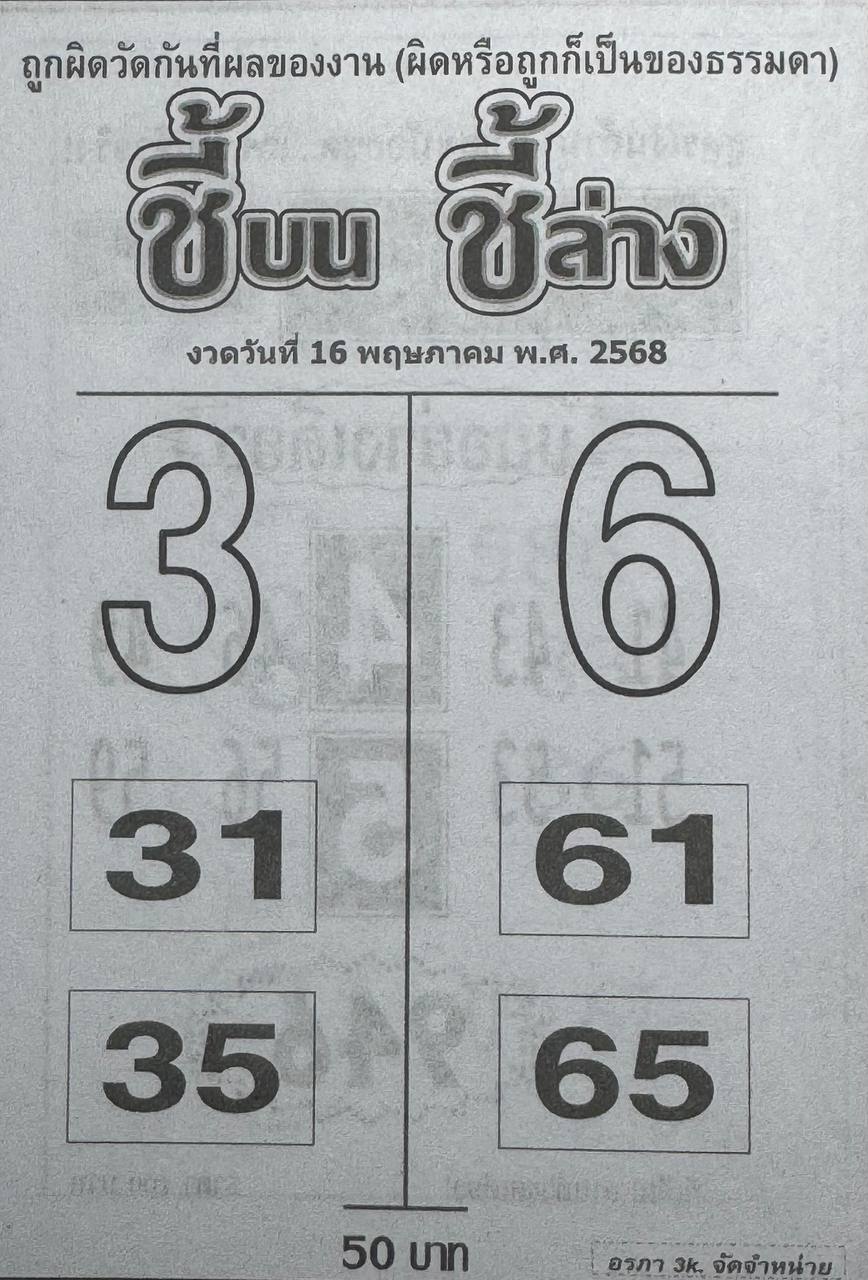 หวยชี้บนชี้ล่าง 16/5/68