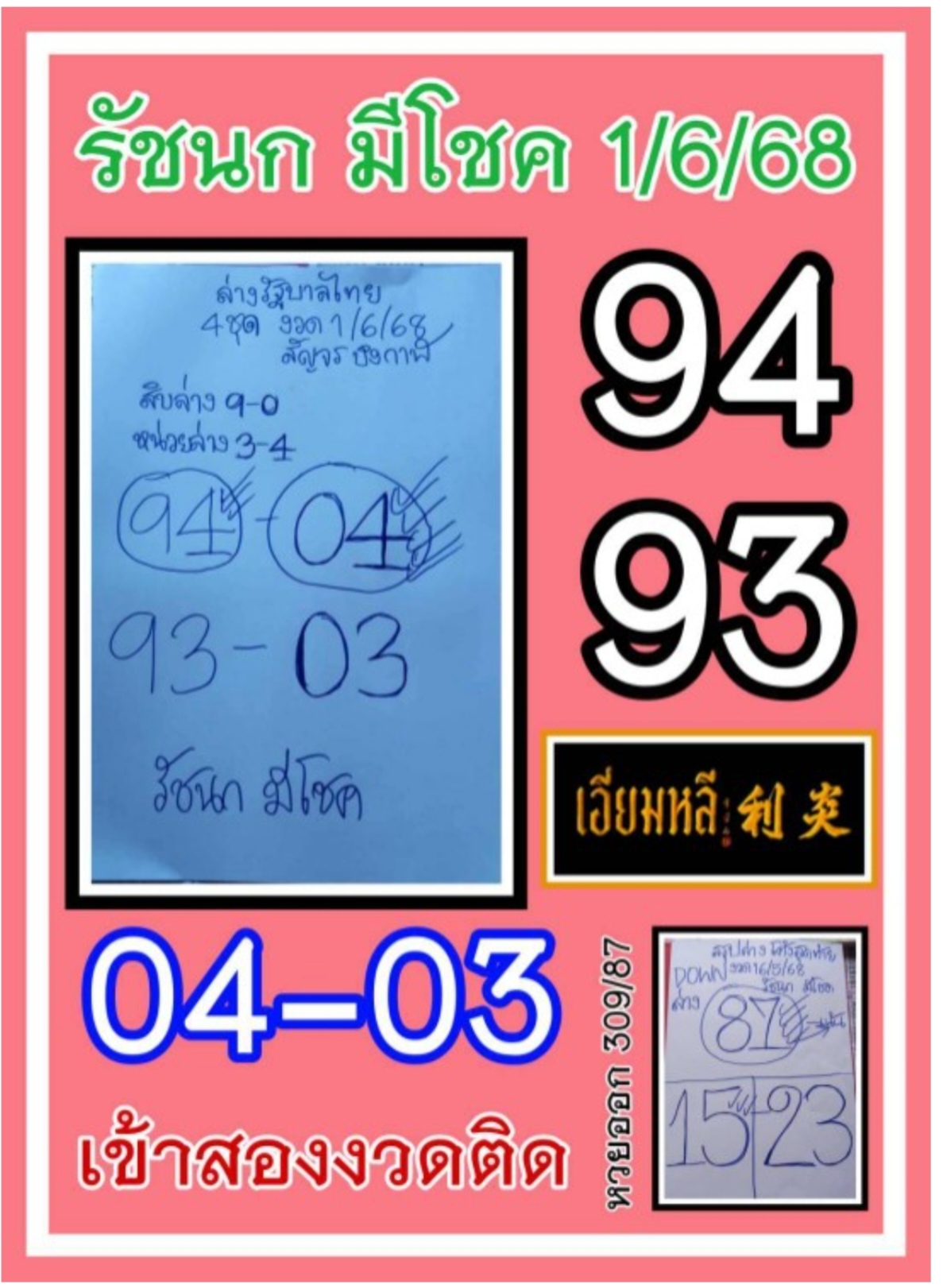 หวยรัชนกมีโชค 1/6/68