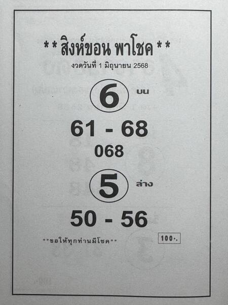 หวยสิงห์ขอน 1/6/68