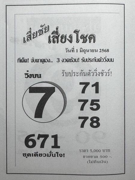 หวยเสี่ยชัยเสี่ยงโชค 1/6/68